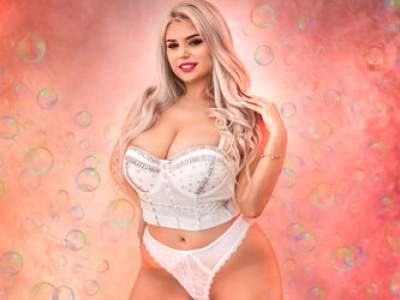 Gina in white lingerie in front of a pink background with bubbles.
